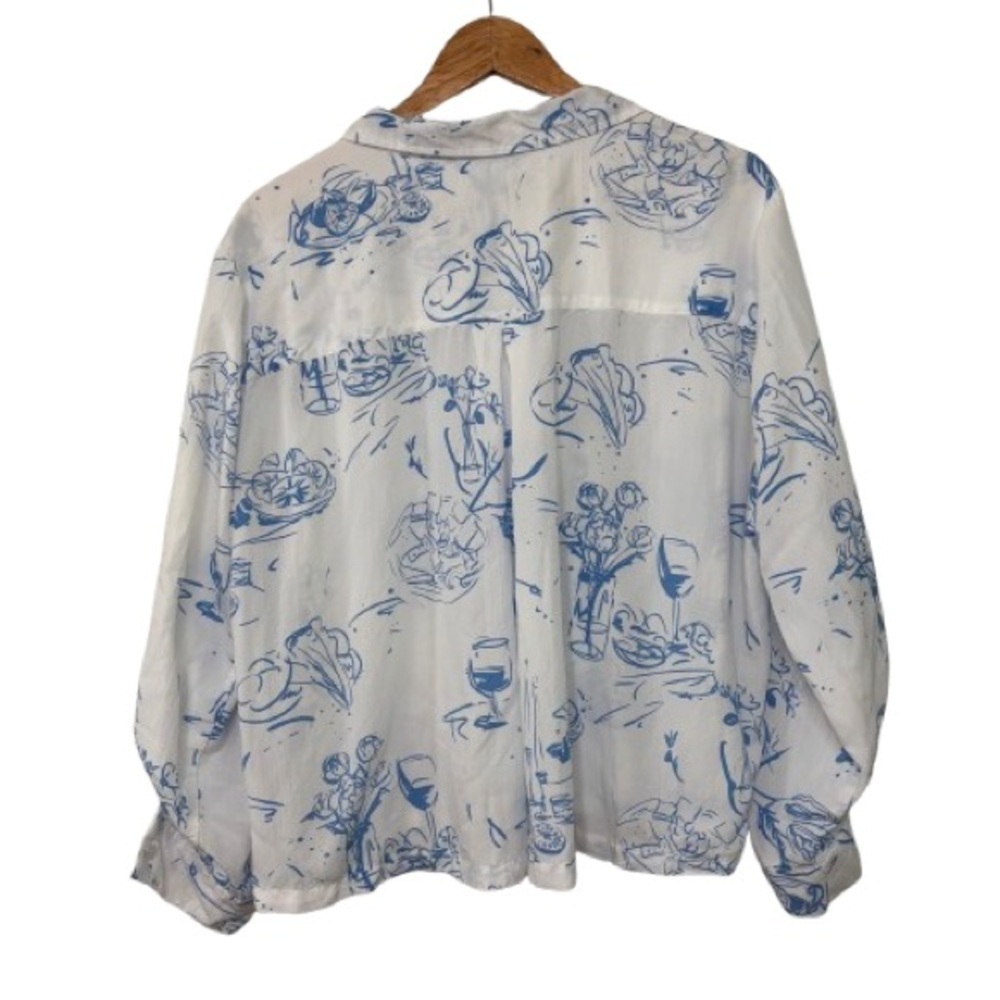 Jane + Delancey Blue/White Bistro Print Button Down Shirt Size XL - Picture 2 of 5